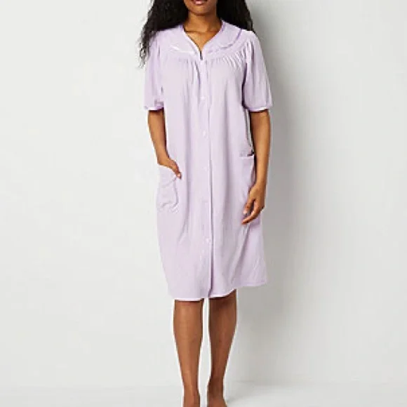 Adonna Waffle Short Sleeve Robe Purple Snap Front Pockets House Coat Duster  Sz M